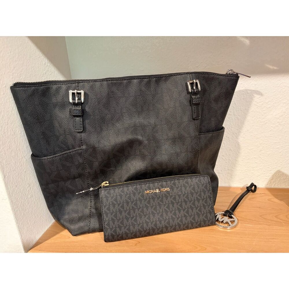 Michael Kors Black Signature Jet Set Top-Zip Tote & Wallet Bundle EUC
